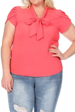 Women's Plus Size Solid Petal Sleeve Bow Tie Neck Short Sleeve Blouse