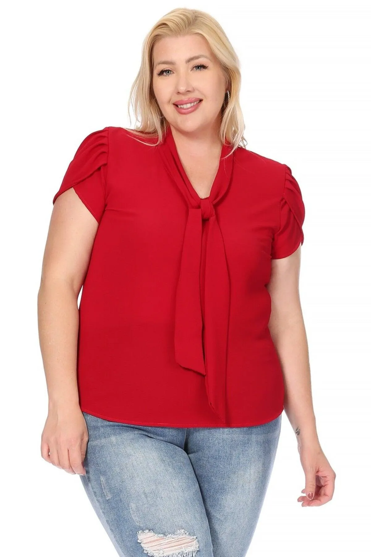 Women's Plus Size Solid Petal Sleeve Bow Tie Neck Short Sleeve Blouse