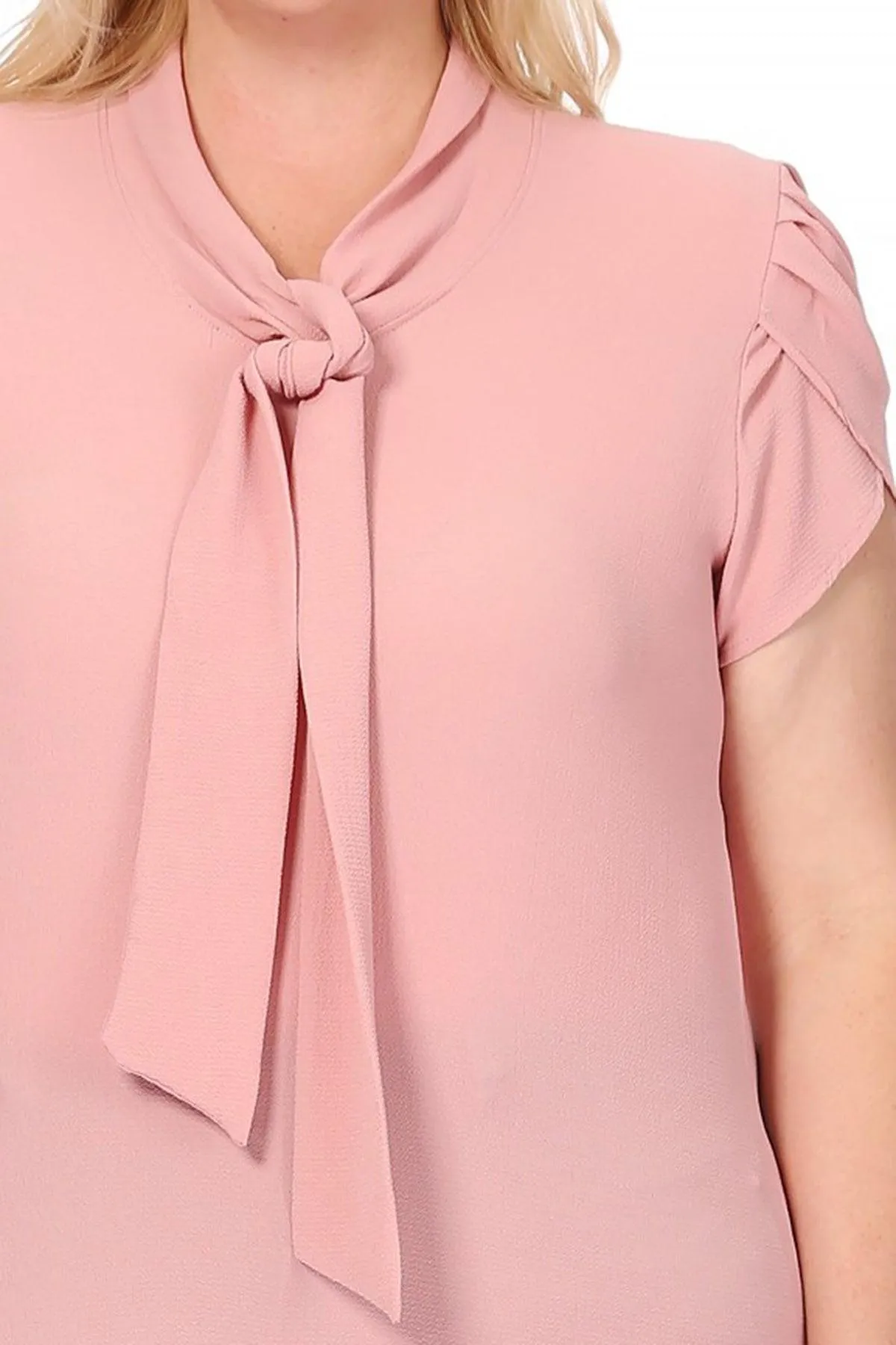 Women's Plus Size Solid Petal Sleeve Bow Tie Neck Short Sleeve Blouse