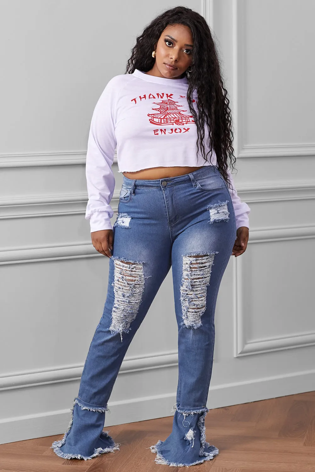 Women's Ripped Denim Pants Casual Bell Bottom Jeans for Women