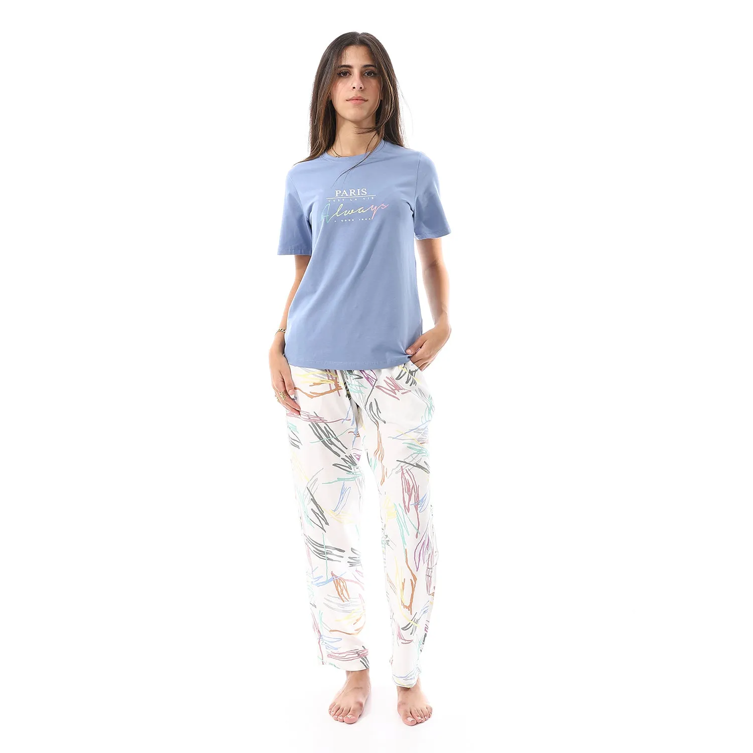 Women's summer pajama cotton T-shirt and viscose pants - Blue