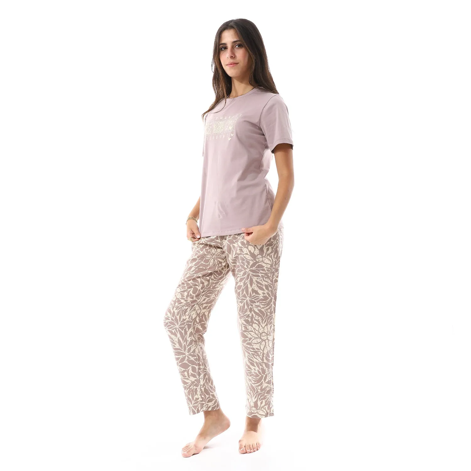 Women's summer pajama cotton T-shirt and viscose pants - Café