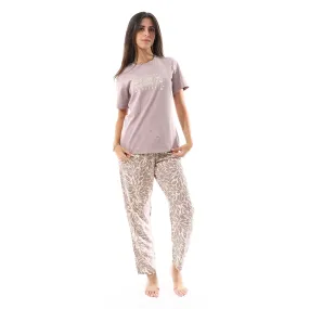 Women's summer pajama cotton T-shirt and viscose pants - Café