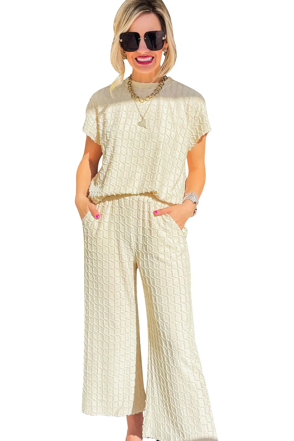 Women's Two Piece Outfit Metallic Lattice Textured Casual Pants Set