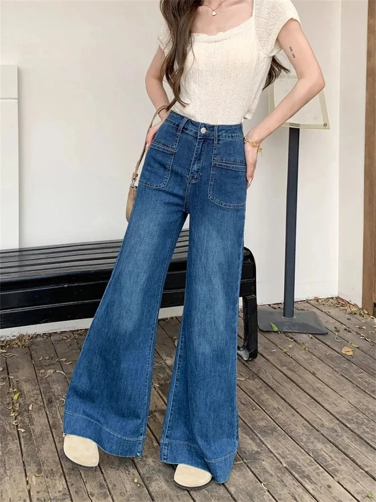 Women's Vintage Style Micro Flared Street Girl Bottoms Loose High Waisted Pant Female Fashion Blue Denim Wide Leg Jeans