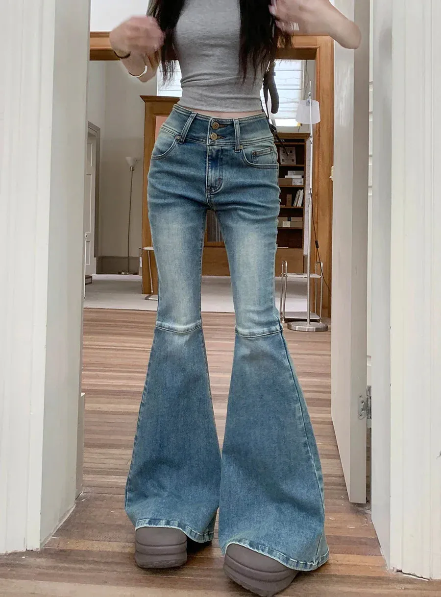 Women's Waist Streetwear Flared Fashion Stretch Slim Washed Denim Jeans