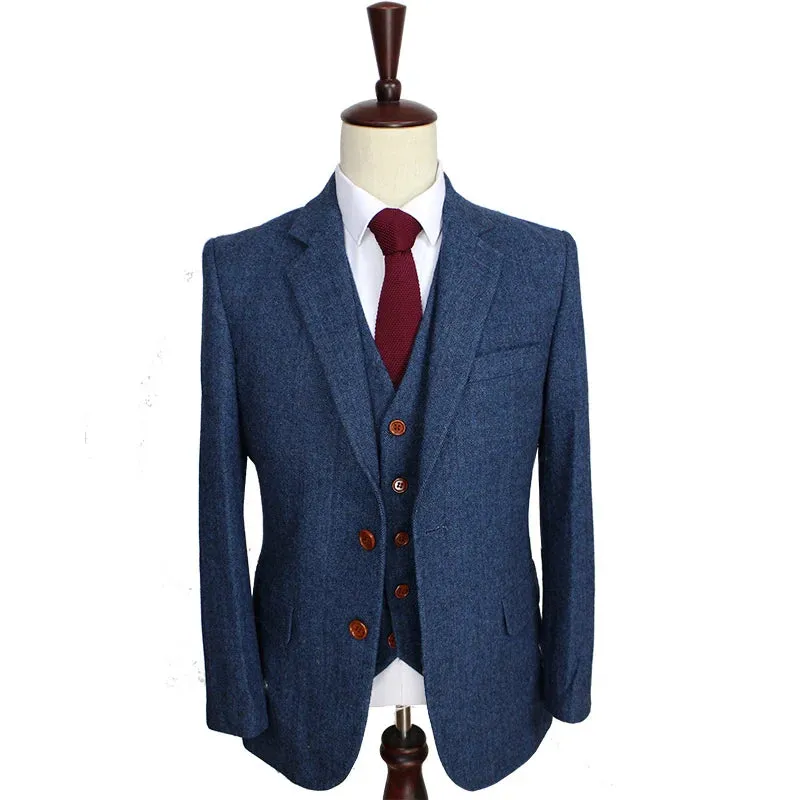 Wool Blue Herringbone Retro gentleman style custom made Men's suits tailor suit Blazer suits for men 3 piece (Jacket Pants Vest)