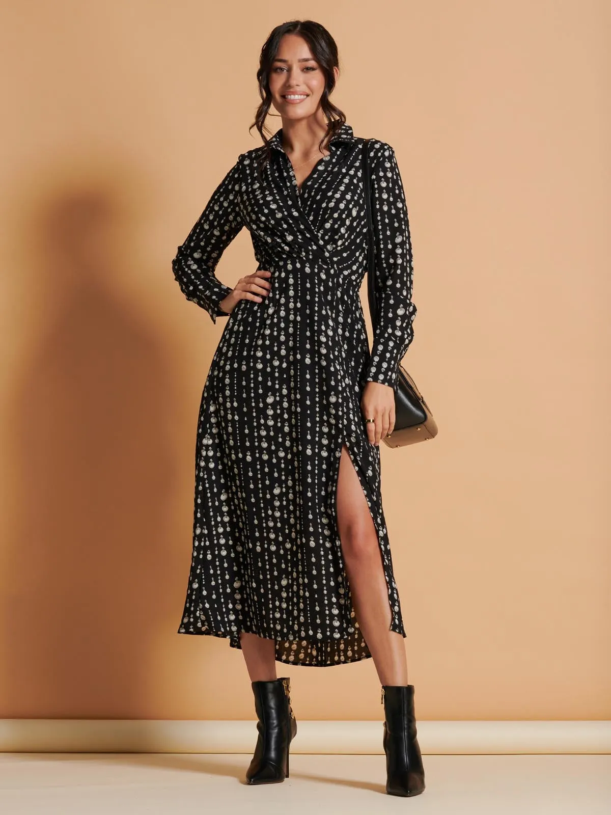 Wrap Detail Shirt Maxi Dress, Black Pattern