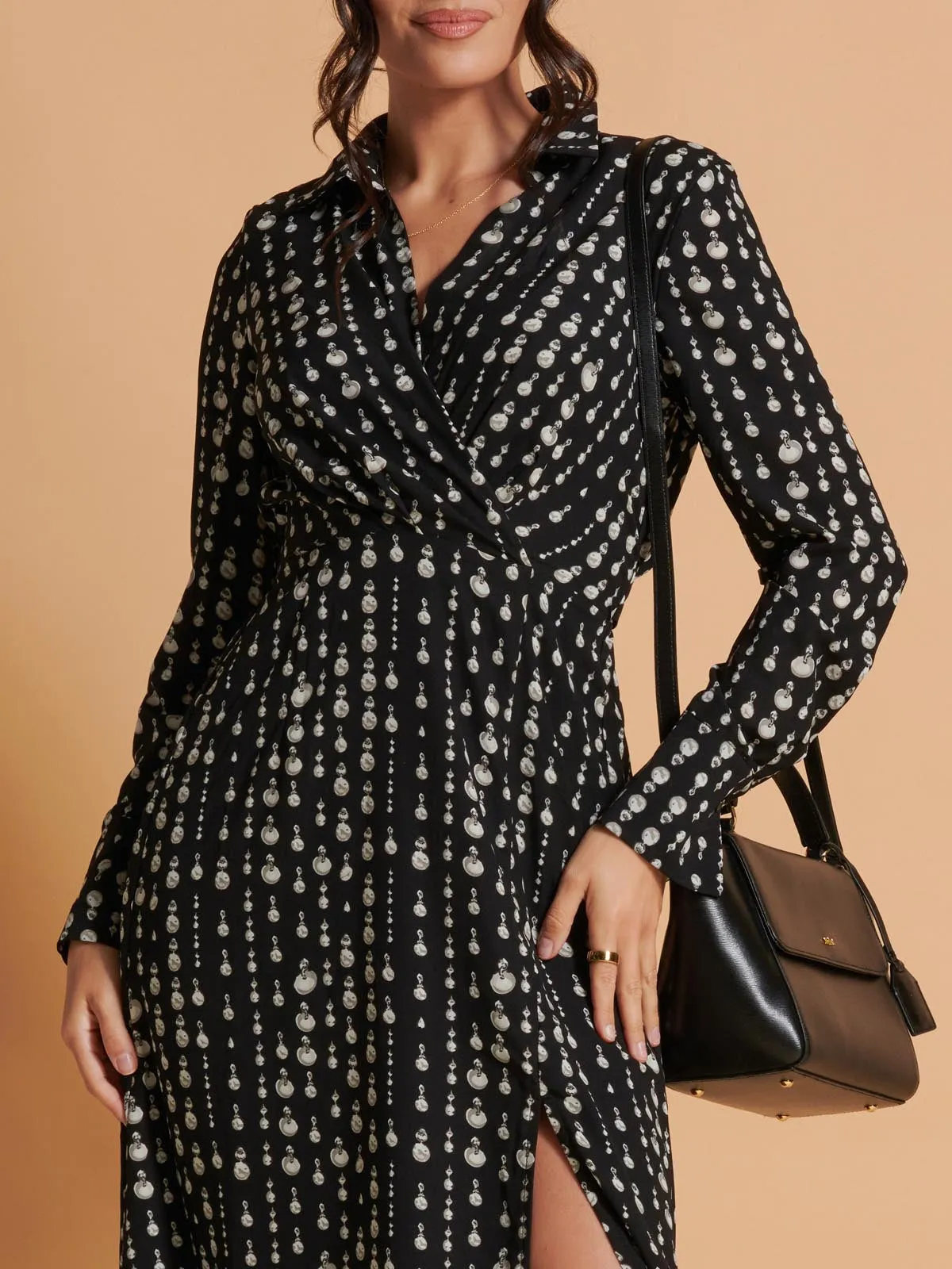 Wrap Detail Shirt Maxi Dress, Black Pattern