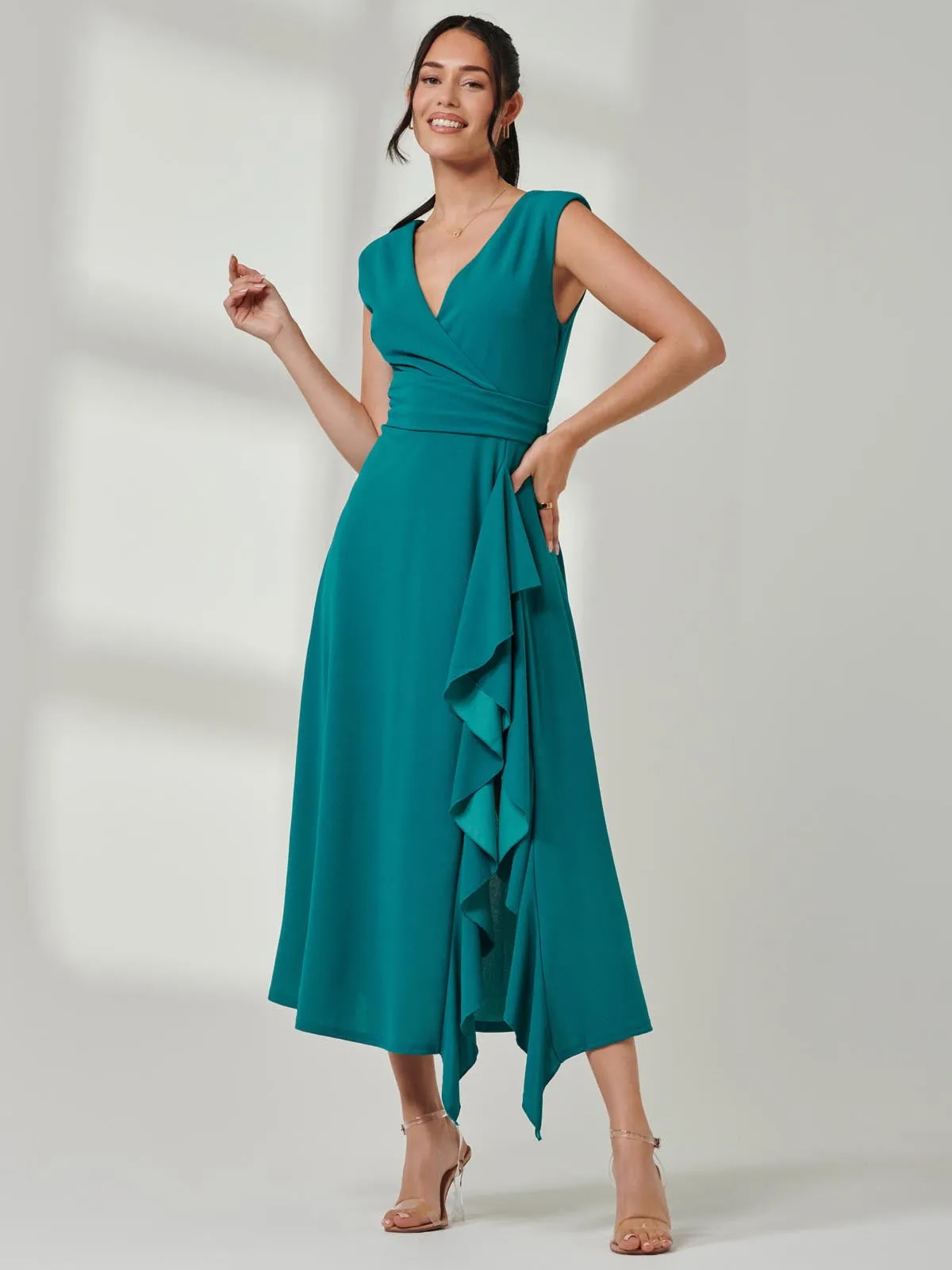 Wrap Front Frill Detail Maxi Dress, Teal