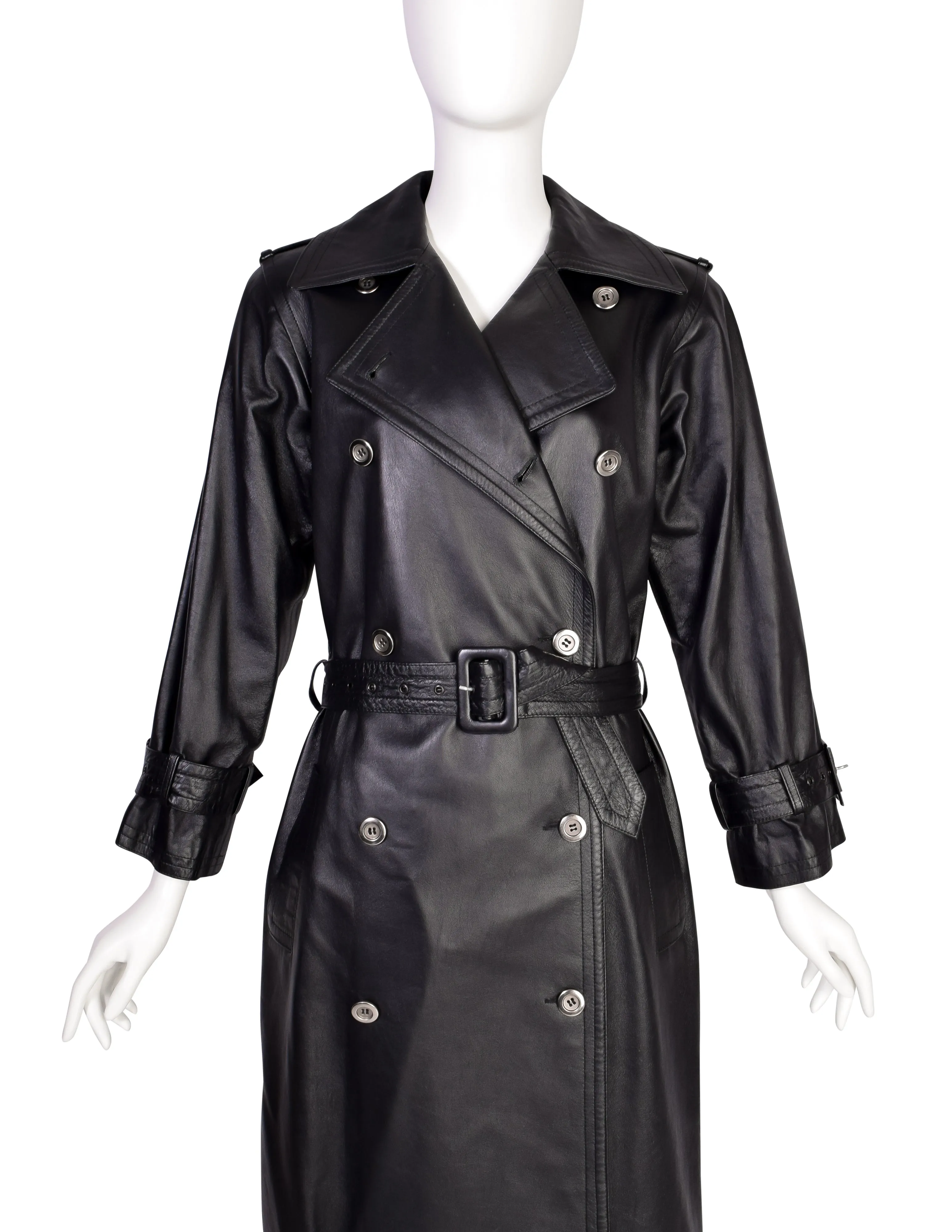 Yves Saint Laurent Vintage 1970s Black Lambskin Leather Double Breasted Trench Coat