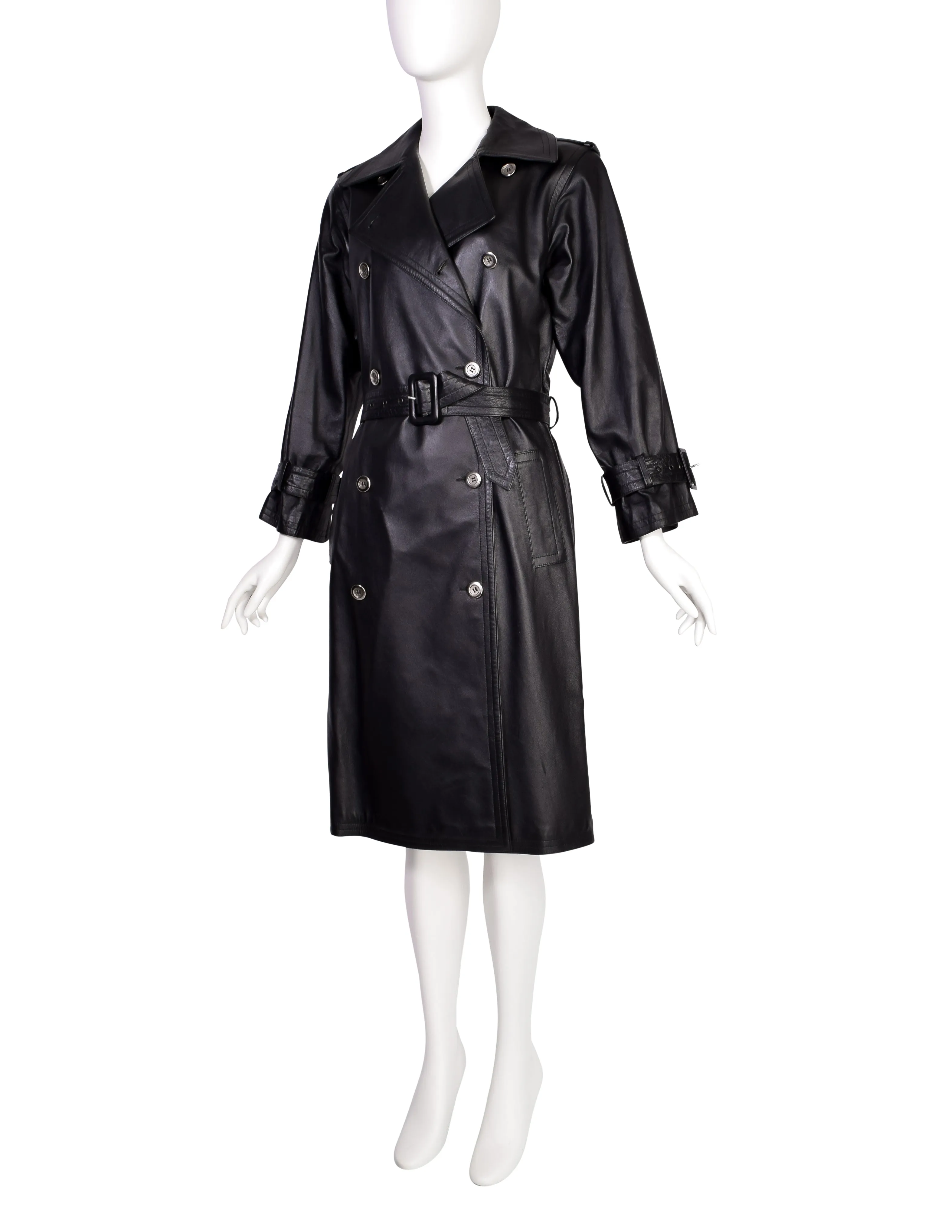 Yves Saint Laurent Vintage 1970s Black Lambskin Leather Double Breasted Trench Coat