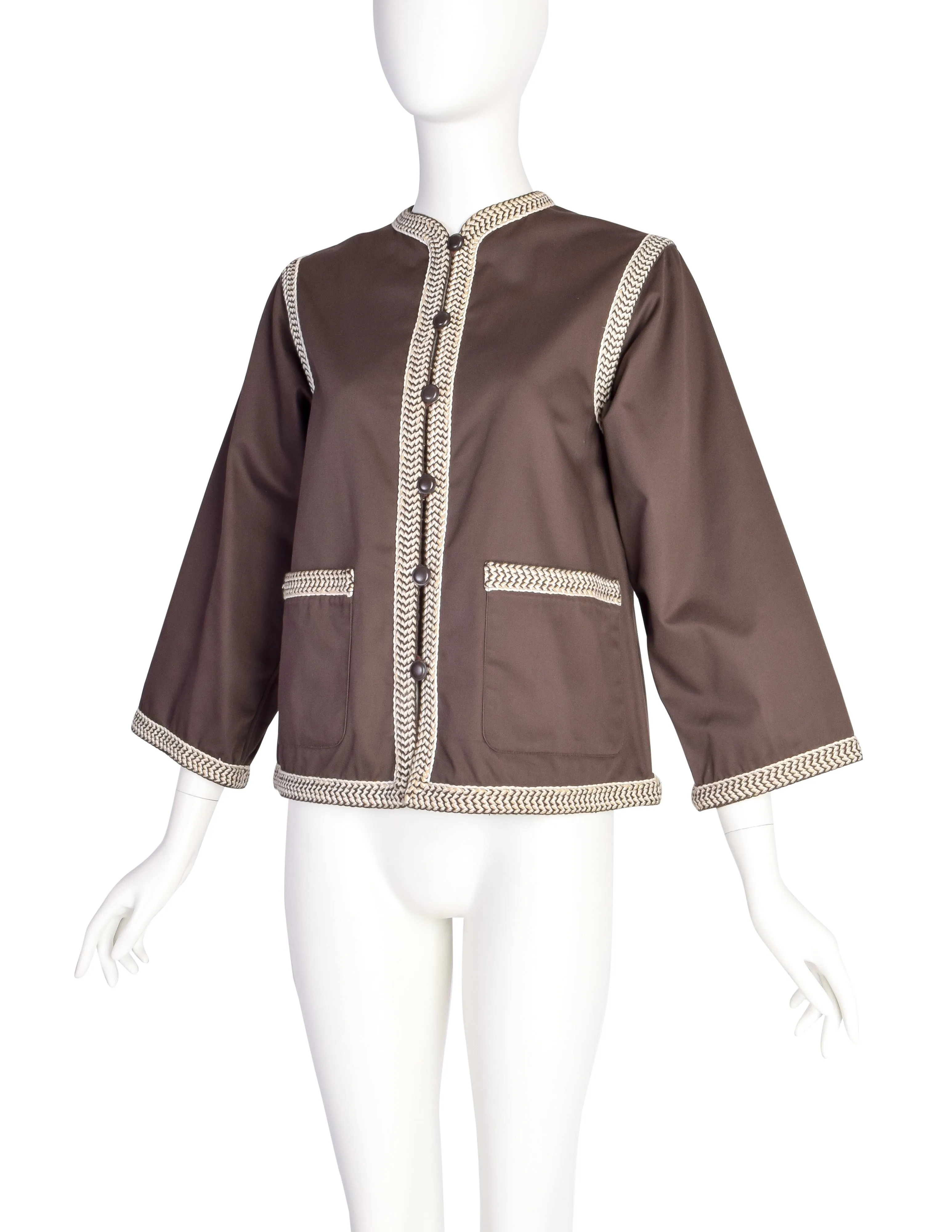 Yves Saint Laurent Vintage SS 1977 Brown Cotton Braided Trim Jacket